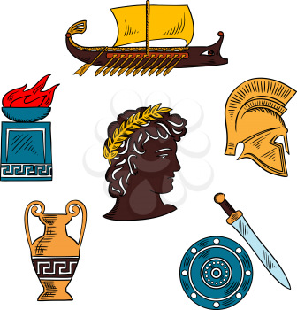 Ancient greek art and history sketch icon with antique amphora and fire bowl on stone postament, warrior helmet, sword and shield, war galley and mythological god Apollo in laurel wreath