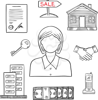 Realtor profession icon for real estate and business design usage with female agent, apartment house, wooden home, key, money, contract, handshake, telephone and sale poster. Sketch style