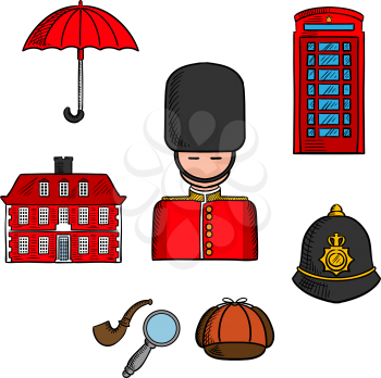 Traditional symbols and travel landmarks of London icon with queens guard soldier, umbrella, red telephone booth and brick house, police custodian helmet with golden badge, cap, smoking pipe and magni
