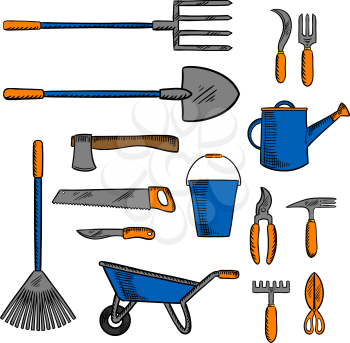 Garden tools for gardening and agriculture design with colored sketches of shovel, pitchfork and axe, saw and knife, watering can, wheelbarrow, bucket and rake, cultivators and shears, scissors and si