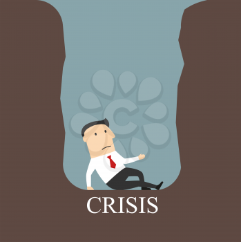 Bankruptcy, financial crisis, failure or dept theme design. Frustrated bankrupt cartoon businessman being trapped in a hole or debt pit with caption Crisis below