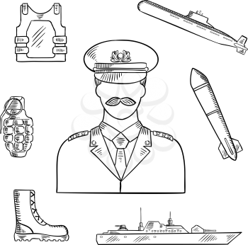 Military man in uniform sketch symbol with hand grenade, body armor and boots, naval warship, torpedo and submarine. Use as military and naval professions design