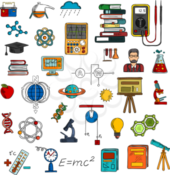 Science research and education sketch symbols with books, computer, microscopes, scientist, laboratory flasks, electrical equipments and circuit, DNA, atom and molecule models, formulas, telescope, pl