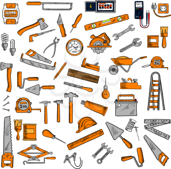 Work tools sketches of hammers, wrenches and saws, rulers, light bulbs, trowels and axes, paint brushes and rollers, wheelbarrow, battery, tape measures, jack plane, awls, electricity meter, ladder an