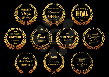 Premium quality guarantee golden laurel wreaths symbols with circle badges, composed from gold branches with stars, crowns and vignettes decorative elements. Retail, sale, promotion design usage 