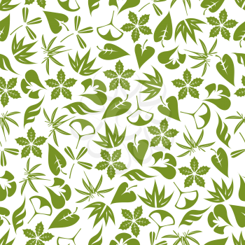 Retro seamless foliage pattern with pale green leaves of aloe vera, bamboo, clover, exotic palms, ginkgo biloba and christmas poinsettia over white background. Great for fabric, wallpaper, nature back