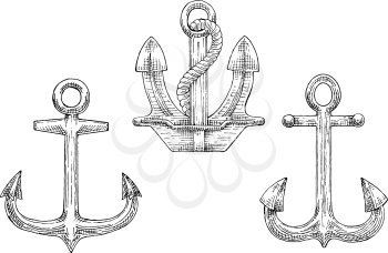 Sketched navy ship anchors symbols with stockless and admiralty anchors, decorated by twisted rope. Great for tattoo, naval heraldry or marine travel design