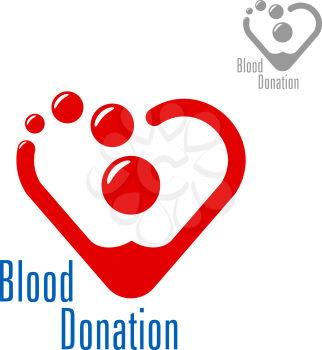 Bright red heart made of blood drops with caption Blood Donation. Medicine, life saving, charity, healthcare theme design 