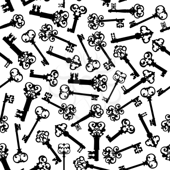 Decorative vintage seamless pattern of medieval skeleton keys black silhouettes with ornamental forged bows over white background. Interior accessories, scrapbook page backdrop design