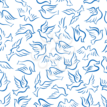 Elegant flying birds seamless pattern with blue outlined silhouettes of soaring doves over white background. Use as dove of peace, religion, love and hope concept design