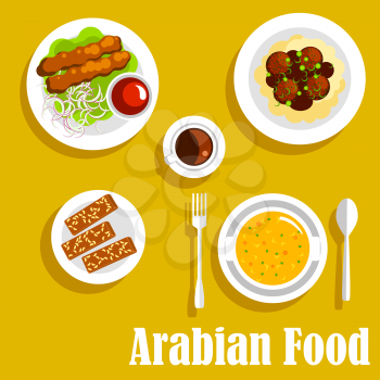 Authentic arabian cuisine dishes icon with flat symbols of kebab, served with spicy tomato sauce, creamy pea soup, mashed potato, topped with chickpea falafels and gravy, cup of coffee and halva with 