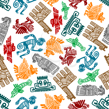 Seamless mayan and aztec totems pattern with colorful symbols of birds, idols, fish, shamans and lamas in tribal style over white background. Use as ethnic textile print or ancient culture and religio