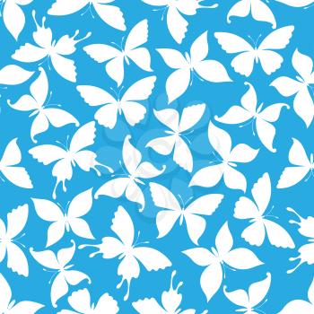 Bright seamless pattern with white silhouettes of flying butterflies randomly scattered over cyan background. Textile, wallpaper or nature theme design usage