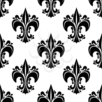 Decorative seamless black fleur-de-lis pattern of florid french heraldic lilies, adorned by buds and curlicues on white background. Use as vintage interior, wallpaper or royal theme design