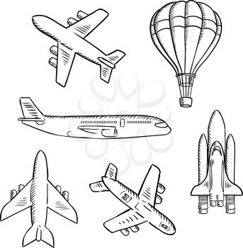 Air transport sketches with jet airplane, cargo planes, vintage hot air balloon and modern space shuttle. Isolated aircraft icons for transportation, travel or shipping theme design usage