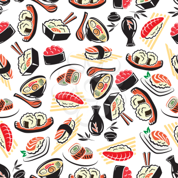 Authentic japanese cuisine seamless pattern on white background with seafood rice, sushi rolls with avocado and red caviar, tuna and salmon nigiri sushi, noodle soup and sake. Restaurant menu flyleaf,