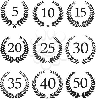 Congratulatory laurel wreaths symbols for anniversary or jubilee greeting card, invitation design usage with numbers from 5 to 50 in the center