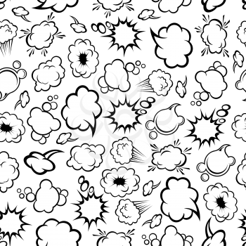 Black and white seamless comic book clouds pattern of thought and speech bubbles, explosion dust clouds and blast power trails. Interior accessories, wallpaper design usage
