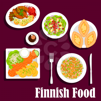 FIsh and meat dishes of finnish cuisine with flat icons of smoked salmon, served with fried potatoes and garlic sauce, cabbage stew, blood sausages with lingonberry sauce, spinach salad with cheese an