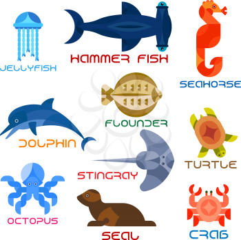Cartoon marine animals named flat icons with atlantic crab, jumping dolphin, swimming turtle, octopus, jellyfish, hammer fish, bright red seahorse, common seal, stingray and flounder. Water mammals, f