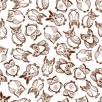 Cute brown owls seamless pattern with outline silhouettes of funny forest birds with ornamental feathering and amazed look. Use as nature background, retro wallpaper design