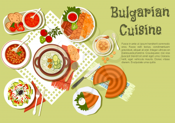 Festive bulgarian dishes flat icon with kebabs served with fried potatoes and tomato sauce, cold yogurt soup tarator with cucumbers, vegetable salad with brine cheese, bean stew, tomato soup, banitsa 