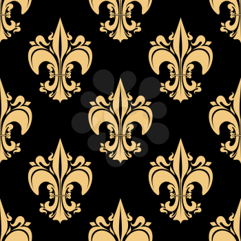 Seamless golden fleur-de-lis pattern with ornate heraldic lilies, decorated by victorian leaf scrolls and flourishes on black background. History, heraldry, monarchy theme design usage