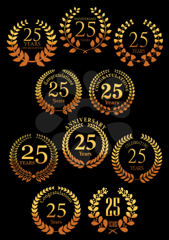 Heraldic gold laurel wreaths symbols for 25 anniversary and festive design with vintage leafy branches, arranged into circle frames with color gradation from golden to orange
