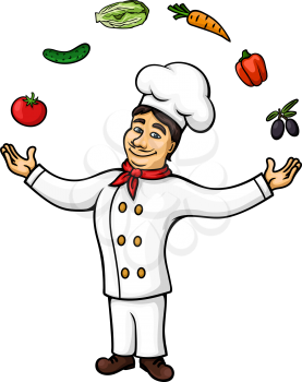 Cartoon chef of italian cuisine character wearing white tunic and hat is performing conjuring tricks with juggling of fresh olive fruits, tomato, bell pepper, carrot, cucumber and chinese cabbage vege
