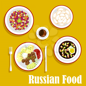 Popular dishes of russian cuisine with beef stroganoff, served with boiled potatoes, fresh vegetables and sour cream, cold soup okroshka with rye bread kvass, vegetarian salad vinegret, dumplings and 