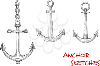 Navy heraldic retro sketches of admiralty marine anchors with attached chains. May be used as maritime mascot, naval symbol or marine sport design