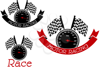 Speedometer with checkered race flags symbols for race sport and motor racing competition design, adorned by black and red ribbon banners