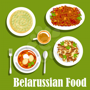 Traditional belarusian cuisine dishes icon with flat symbols of chicken chowder with sour cream, potatoes baked with mushrooms and bacon, vegetarian stew with tomatoes and bell peppers, creamy potato 