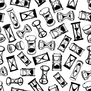Seamless retro stylized hourglasses background with black and white ornament of abstract sandglasses with decorative stands. Interior design or deadline, countdown, passing time concept