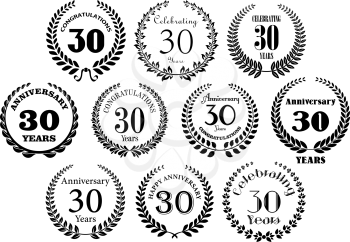 Retro stylized decorative 30th years anniversary laurel wreaths black symbols with greeting text. Great for invitation, festive event and jubilee design usage