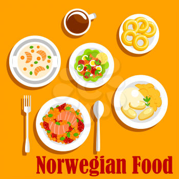 Popular fish dishes of norwegian cuisine icon with vegetable stew with salmon, boiled potatoes, served with mashed turnip, salmon cream soup, egg salad with fresh tomatoes, lettuce and smoked salmon, 