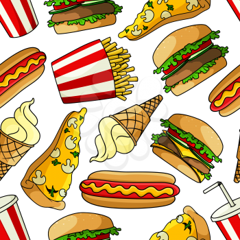 Bright cartoon fast food seamless pattern with vegetarian pizzas topped with mushrooms and cheese, hamburgers and cheeseburgers with fresh vegetables, hot dogs, french fries, paper cups of soda and va