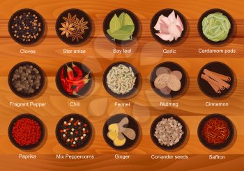 Spicy and flavorful spices and condiments flat icon with top view of bowls with cinnamon, ginger, cloves, nutmeg, anise stars, garlic, cardamom pods, chili, bay leaves, paprika powder, fennel, coriand