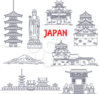 Architecture, religion and nature travel landmarks of Japan icon with mount Fuji, Ushiku Great Buddha, pagoda of Horyuji temple, imperial palace, Osaka castle, Kiyomizu-dera temple, Matsue castle and 