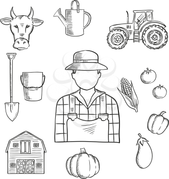 Sketch of farmer or farm worker with tractor, barn, fresh tomatoes, eggplant, pumpkin, corn and pepper vegetables, cow, watering can, spade and bucket. Great for agriculture mascot or farmers market s