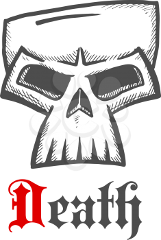 Face of a death symbol with dark grey sketch of sullen skull with ornamental gothic caption Death below. Great for Halloween mascot or t-shirt print design usage