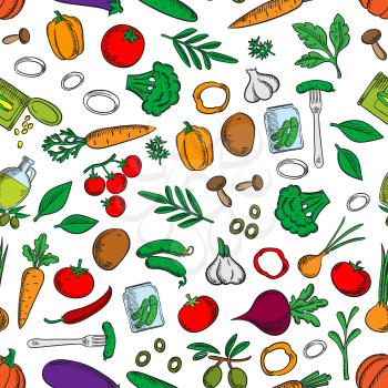 Seamless bright fresh and pickled vegetables pattern with tomatoes, olives, chilli and bell peppers, carrots, mushrooms, broccoli, potatoes, onions, garlic, cucumbers, beets and pumpkins, canned corn 
