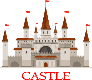 Medieval castle or fortress icon with red flags on conical turrets, arched windows and entrance, strong walls with flanking towers and wooden gate. Use as history or architecture theme design
