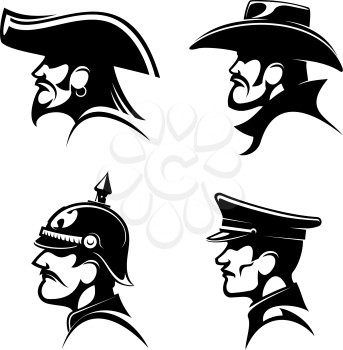 Black profiles of brutal cowboy in leather hat, bearded pirate with earring and captain hat, brave general of prussian army in spiked helmet and german soldier in peaked cap. Great for mascot or war h