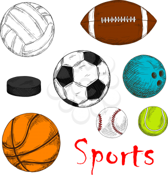 Colored sketch of sporting items for team games with ice hockey pucks and balls for soccer or football, baseball, rugby, volleyball, basketball and bowling. May be use as sporting club mascot or compe