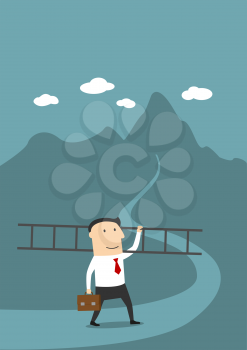 Career ladder, peak of career, top of success concept design. Cartoon businessman with ladder going to conquer summit of his career