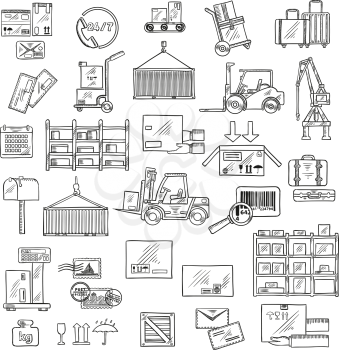 Delivery logistics sketch symbols of forklift and hand trucks, warehouse scales, conveyor and racks with cardboard boxes and packages, parcels, letters and baggages, barcode, packaging signs, mailbox