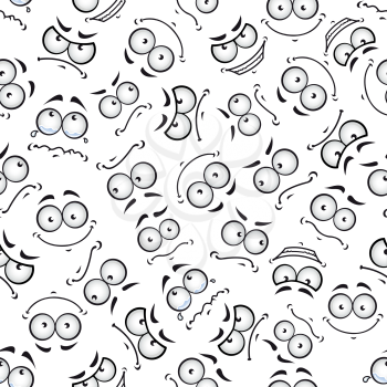Seamless cartoon smileys pattern for comics flyleaf or backdrop design with crying, laughing, smiling, sore and offended comics faces randomly scattered over white background
