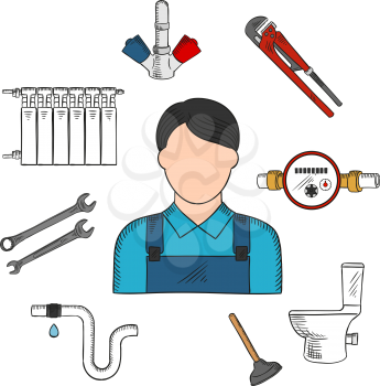 Colored sketch of plumber with hand tools and equipments such as adjustable wrench, spanners, water meter, plunger, toilet, water faucet, pipe with leak and heating radiator. Use as service industry p