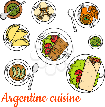 Argentine fast food steak wraps, served with dishes of national cuisine such as asado short ribs, empanadas, chimichurri sauce, vegetarian cream soup with avocado, alfajor cookies and dulce de leche d